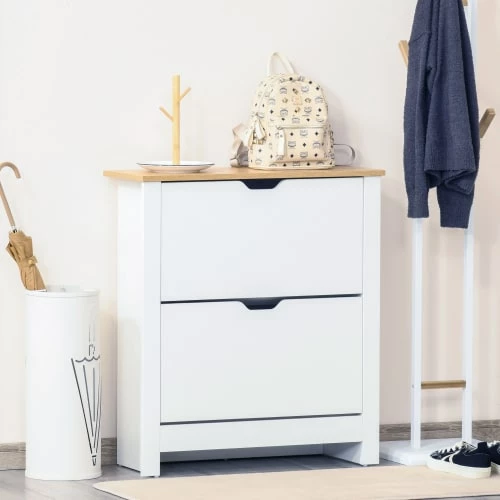 Homcom Meubles D'entrée Et à Chaussures Armoire à Chaussures 2 Portes Abattantes 2 Compartiments Blanc Chêne 4 Homcom Meubles D'entrée Et à Chaussures Armoire à Chaussures 2 Portes Abattantes 2 Compartiments Blanc Chêne – Image 2
