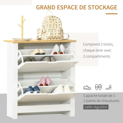 Homcom Meubles D'entrée Et à Chaussures Armoire à Chaussures 2 Portes Abattantes 2 Compartiments Blanc Chêne 8 Homcom Meubles D'entrée Et à Chaussures Armoire à Chaussures 2 Portes Abattantes 2 Compartiments Blanc Chêne – Image 6
