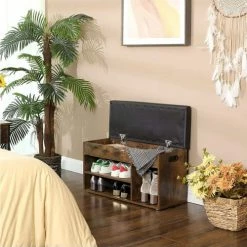 Calicosy Meubles D'entrée Et à Chaussures Banc à Chaussures 3 Compartiments Et 1 Coffre - L80 Cm - Marron -Meubles d'appoint Soldes banc a chaussures 3 compartiments et 1 coffre l80 cm marron 4