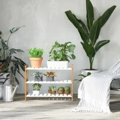 Homcom Meubles D'entrée Et à Chaussures Etagère à Chaussures 3 Niveaux Bambou MDF Blanc -Meubles d'appoint Soldes etagere a chaussures 3 niveaux bambou mdf blanc 2