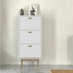 Meubles & Design Meubles D'entrée Et à Chaussures Meuble à Chaussures 3 Portes En Bois Blanc -Meubles d'appoint Soldes meuble a chaussures 3 portes en bois blanc 2