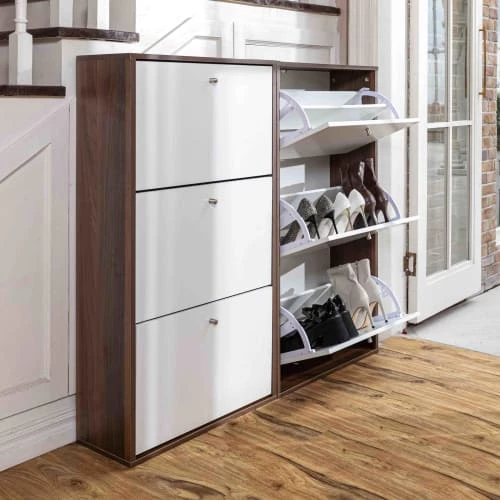 Urban Meuble Meubles D'entrée Et à Chaussures Meuble à Chaussures 3 Tiroirs Style Scandinave Noyer/blanc 3 Urban Meuble Meubles D'entrée Et à Chaussures Meuble à Chaussures 3 Tiroirs Style Scandinave Noyer/blanc – Image 2