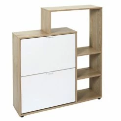 Toilinux Meubles D'entrée Et à Chaussures Meuble à Chaussures Avec 2 Portes Et étagères Blanc Et Bois Marron