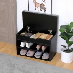 Happy Garden Meubles D'entrée Et à Chaussures Meuble à Chaussures Deux Casiers Avec Coffre Noir -Meubles d'appoint Soldes meuble a chaussures deux casiers avec coffre noir 5