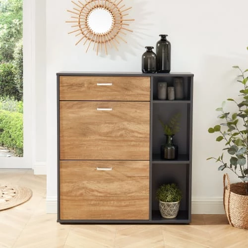 Baita Meubles D'entrée Et à Chaussures Meuble à Chaussures Gris Et Effet Bois 3 Portes 90cm 4 Baita Meubles D'entrée Et à Chaussures Meuble à Chaussures Gris Et Effet Bois 3 Portes 90cm – Image 2