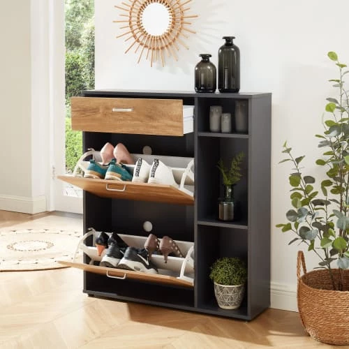 Baita Meubles D'entrée Et à Chaussures Meuble à Chaussures Gris Et Effet Bois 3 Portes 90cm 6 Baita Meubles D'entrée Et à Chaussures Meuble à Chaussures Gris Et Effet Bois 3 Portes 90cm – Image 4