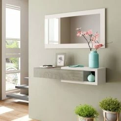 HOMN Meubles D'entrée Et à Chaussures Meuble D'entrée Avec 1 Tiroir Et Miroir, Chêne/blanc, 95 Cm Longueur 9 HOMN Meubles D'entrée Et à Chaussures Meuble D'entrée Avec 1 Tiroir Et Miroir, Chêne/blanc, 95 Cm Longueur -Meubles d'appoint Soldes meuble d entree avec 1 tiroir et miroir chene blanc 95 cm longueur 1