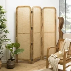 Nouveaux produits -Meubles d'appoint Soldes paravent marron bois de manguier et cannage couleur naturelle 1