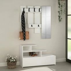 Toilinux Portemanteaux Et Patères Porte Manteau Avec Banc Design Blanc -Meubles d'appoint Soldes porte manteau avec banc design blanc 1